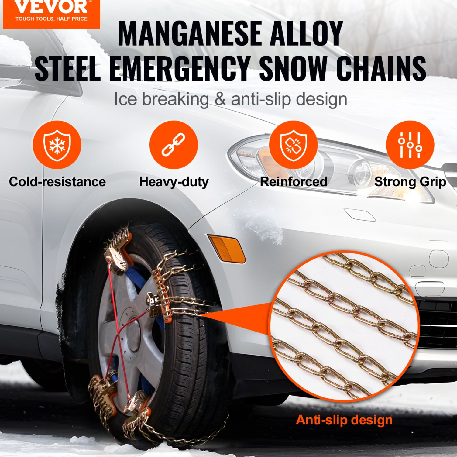 VEVOR 8 PCS Snow Chains for Cars, Pickups, SUVs, and Trucks | Universal Fit 235-285 mm | Enhanced Traction on Snow and Ice | Easy Installation | Durable Manganese Alloy Steel Construction