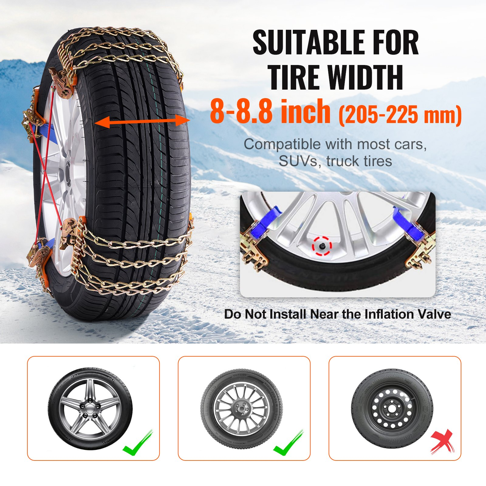 VEVOR 8 PCS Snow Chains for Cars, Pickups, SUVs, and Trucks | Universal Fit 235-285 mm | Enhanced Traction on Snow and Ice | Easy Installation | Durable Manganese Alloy Steel Construction